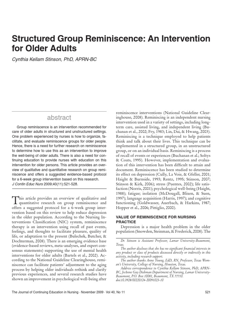 Structured Group Reminiscence - An Intervention For Older Adults | PDF ...