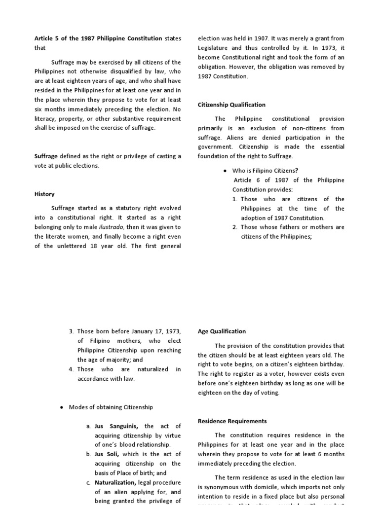 Article 5 of The 1987 Philippine Constitution States | PDF | Suffrage ...