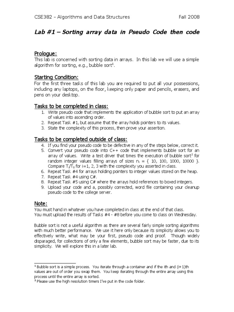 Lab #1 - Sorting Array Data in Pseudo Code Then Code: Prologue | PDF