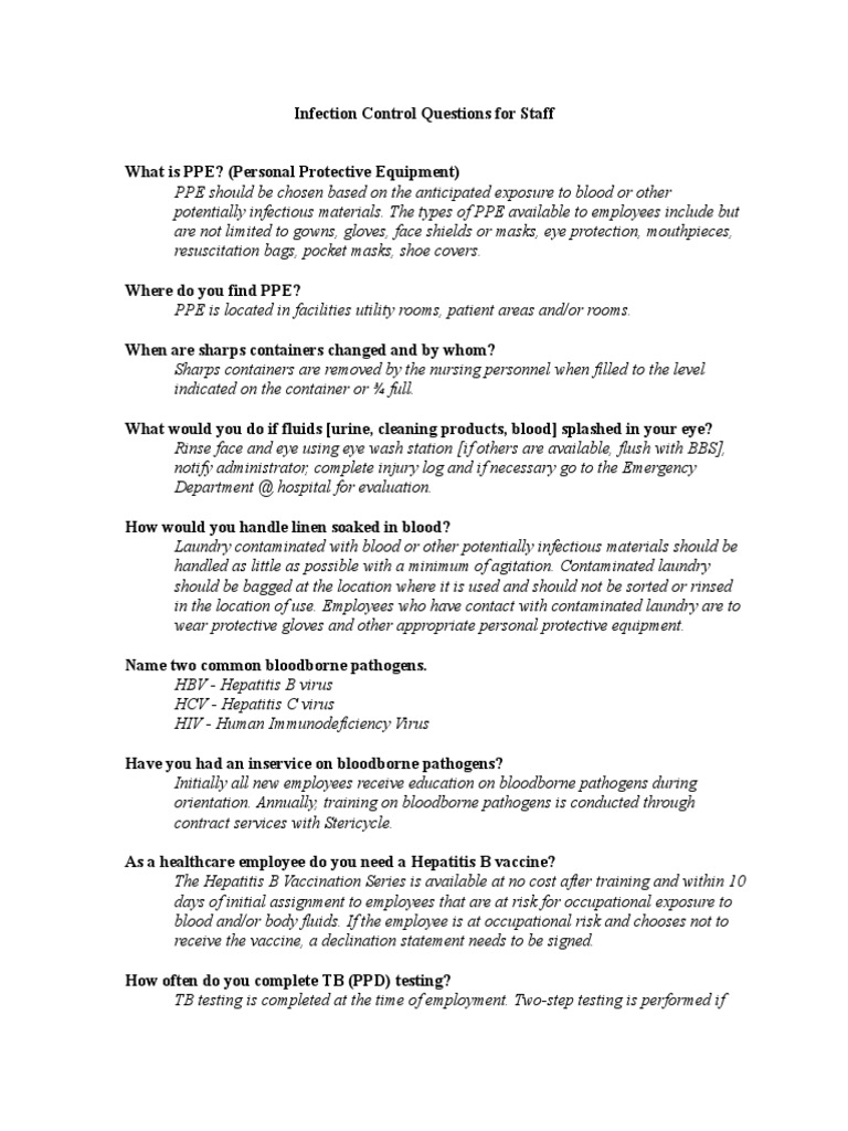 Infection Control Questions For Staff PDF Infection Control