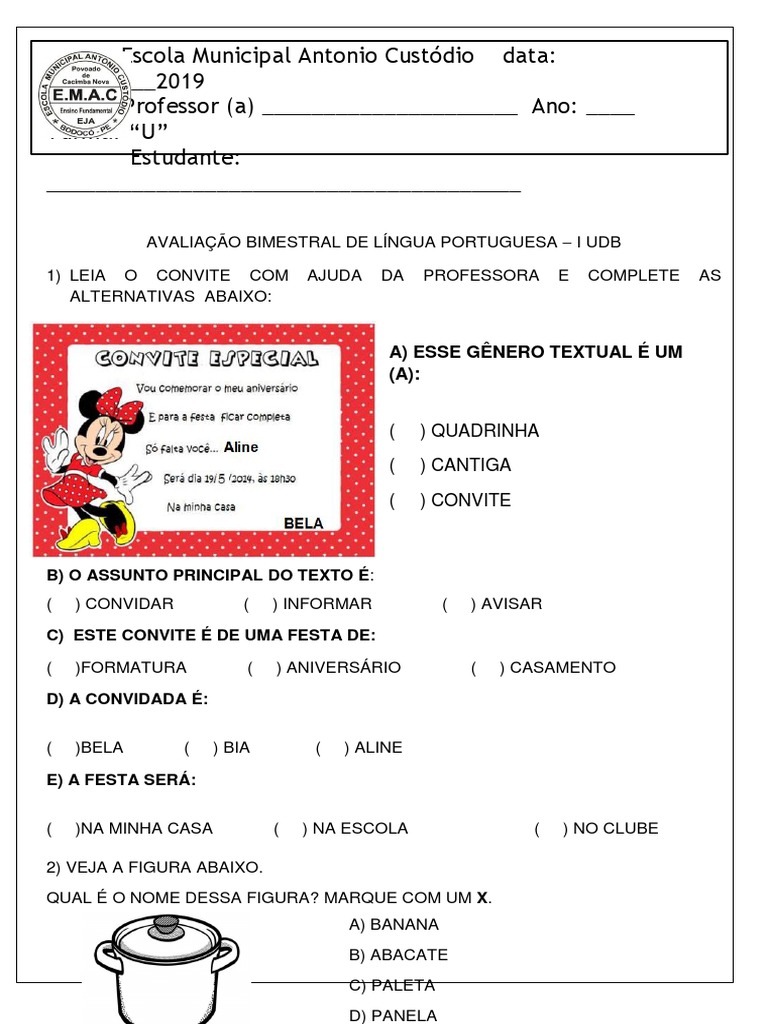 Avaliação de Português 2º Ano - 1º Bimestre | PDF | Estudos de Línguas ...