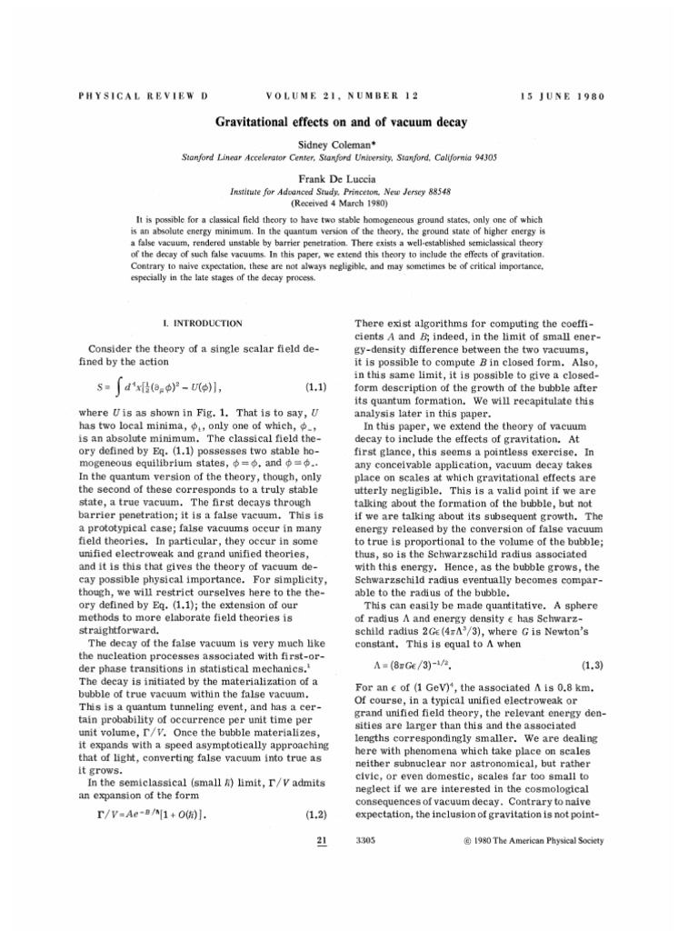 Gravitational Effects on Vacuum Decay | PDF | Field (Physics) | Gravity