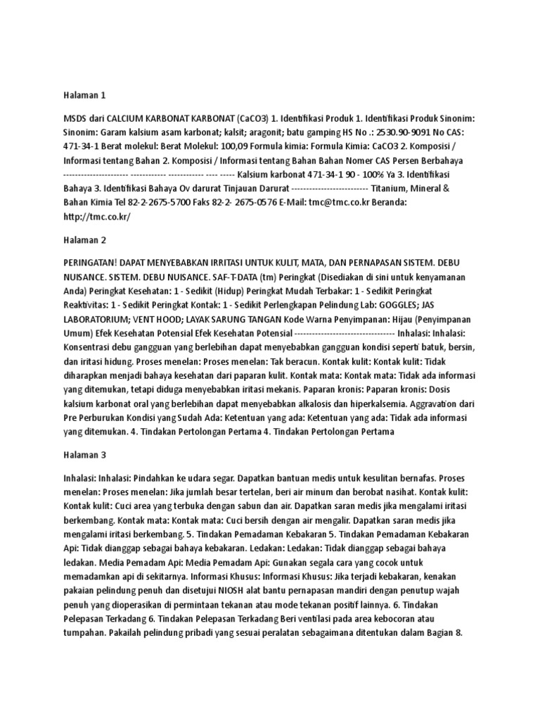 Lembar Data Keselamatan Kalsium Karbonat | PDF