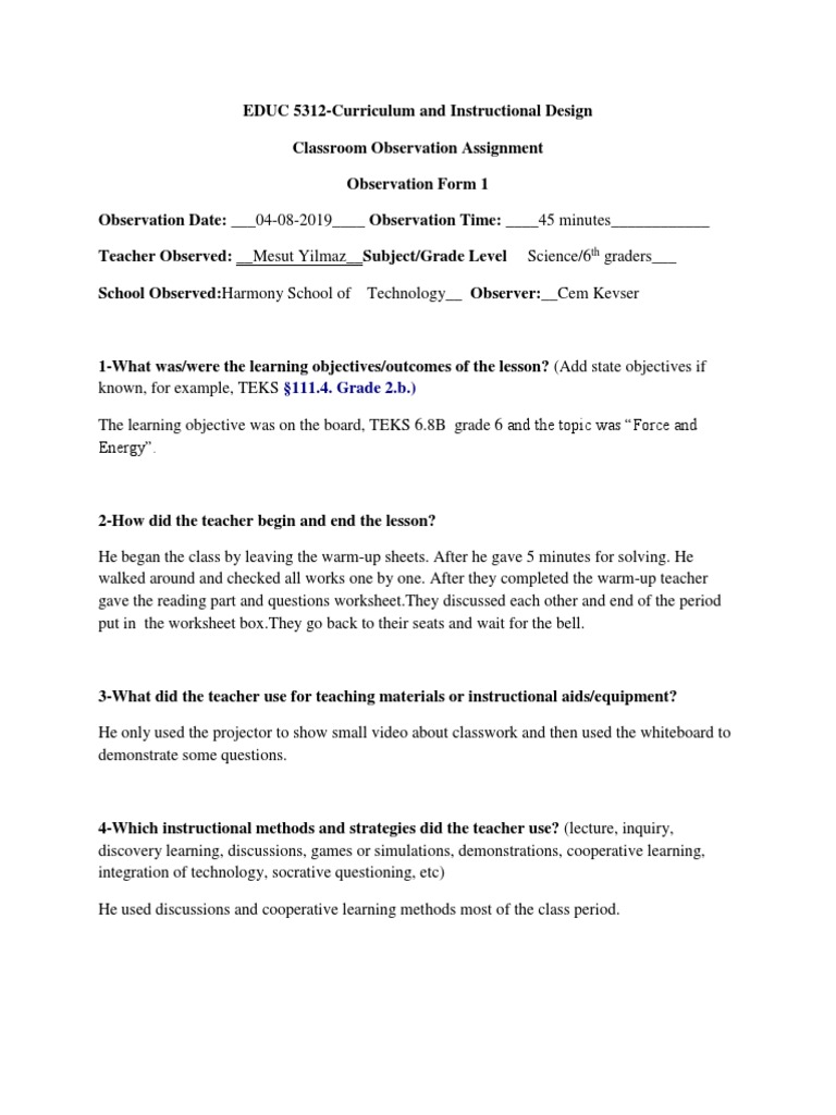 Classroom Observation: 6th Grade Science | PDF | Teachers | Classroom ...