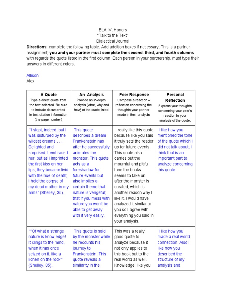 Frankenstein Dialectical Journal Guide | PDF | Frankenstein