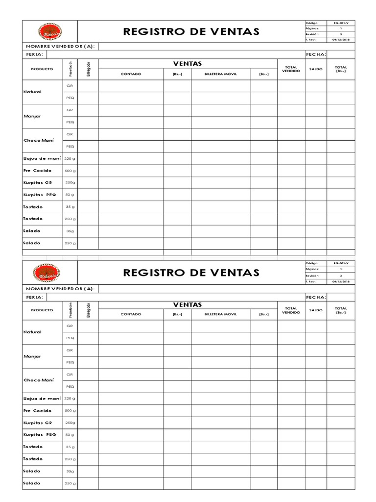 Modelo Registro De Ventas Pdf Alimentos