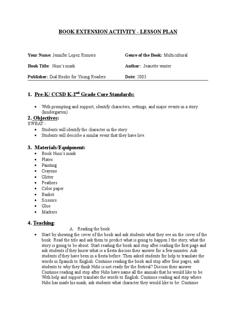 Book Extension Activity Lesson Plan PDF Learning