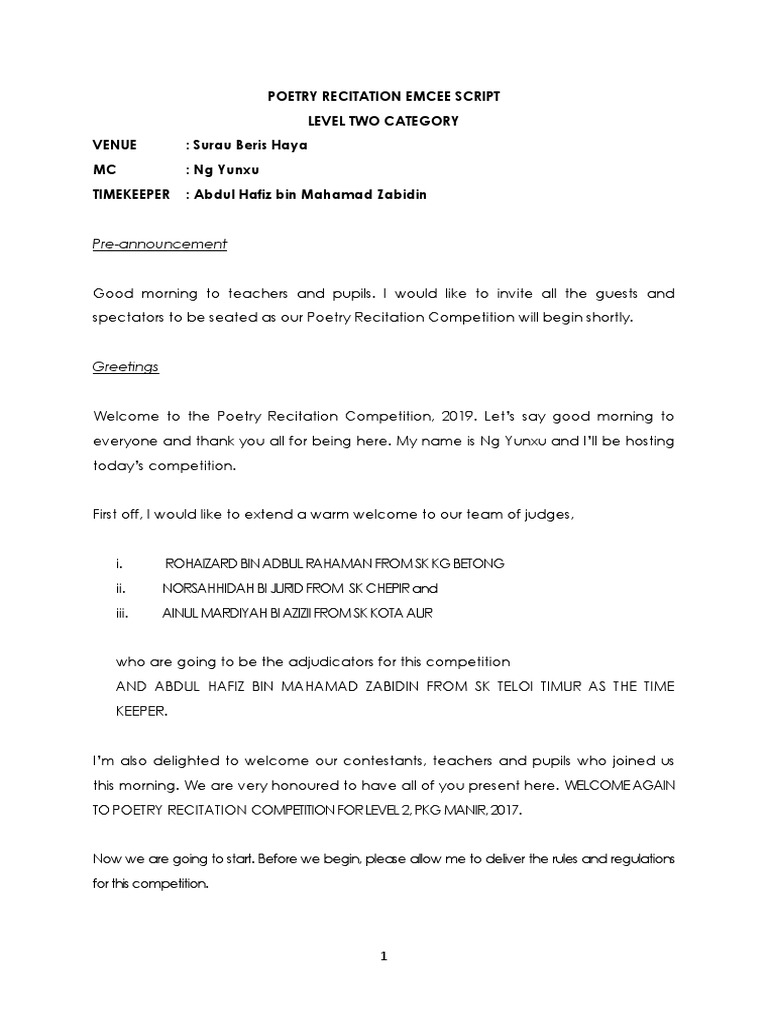 Poetry Recitation Competition Script | PDF | Leisure