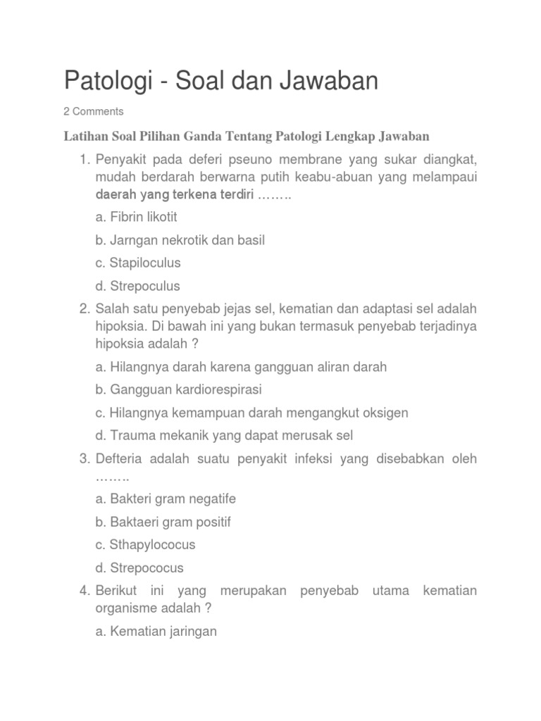 Latihan Soal Pilihan Ganda Tentang Patologi Lengkap Jawaban