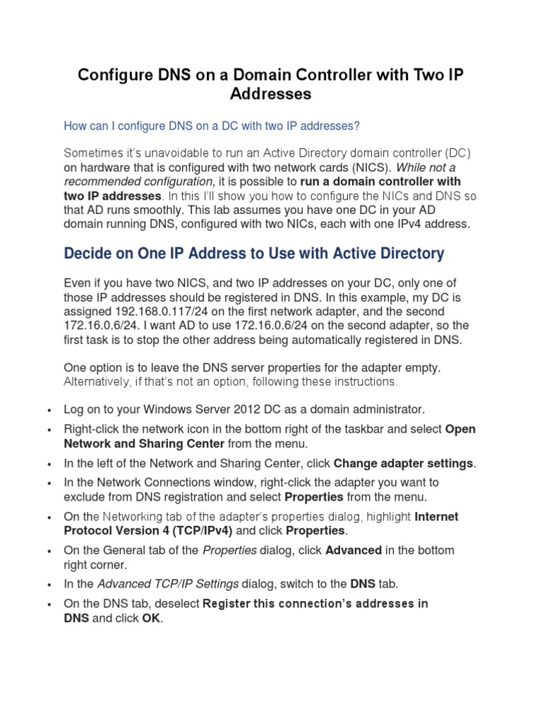 Configure DNS On A Domain Controller With Two IP Addresses | PDF ...
