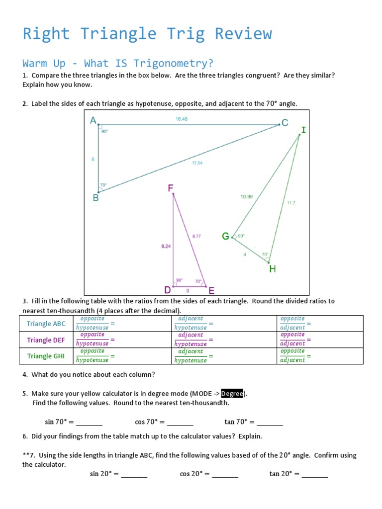 20.20.20 Right Triangle Trig Review PDF  PDF  Trigonometric Inside Right Triangle Trigonometry Worksheet Answers