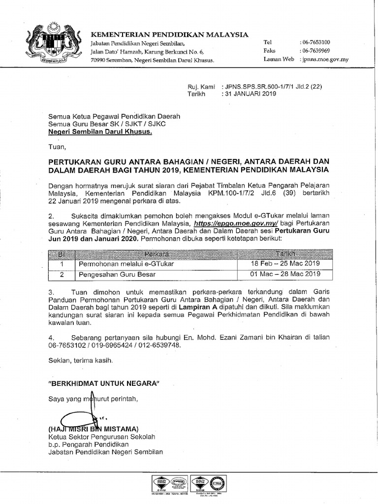Surat Siaran Pertukaran Guru 2019 2020