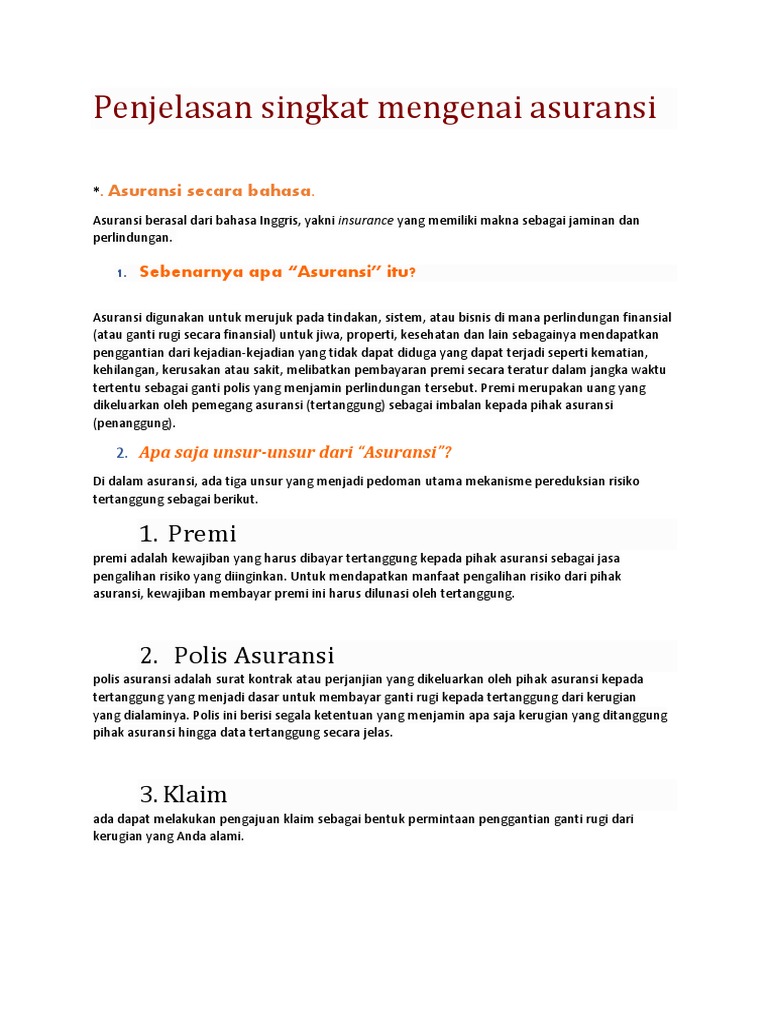 Penjelasan Singkat Mengenai Asuransi 1 Premi