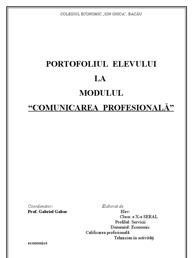 ourselves Glare home delivery Portofoliul Elevului - Comunicarea Profesionala (10 Seral) | PDF