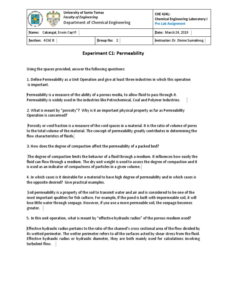 Experiment C1: Permeability: Department of Chemical Engineering | PDF ...