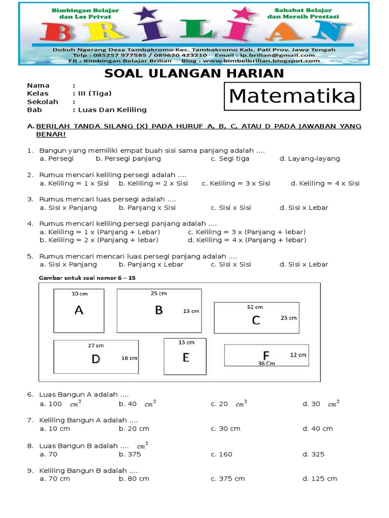 Soal Matematika Kelas 3 Sd Bab Luas Dan Keliling Dan Kunci Jawaban Pdf