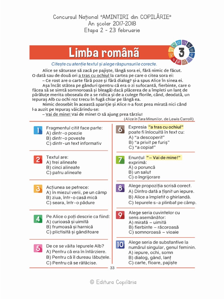 Amintiri Din Copilarie 2017 2018 Etapa 2 Clasa 3