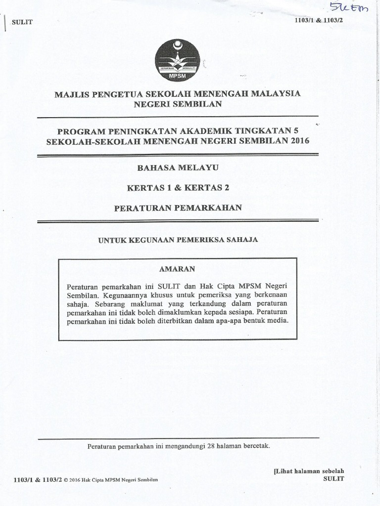 Skema Jawapan Kertas 1 Dan Kertas 2 Negeri Sembilan Bm Spm Percubaan Pdf Pdf