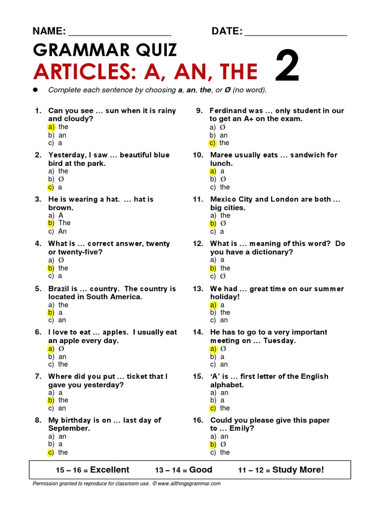 Articles A An The Grammar Quiz Pdf Human Communication Languages