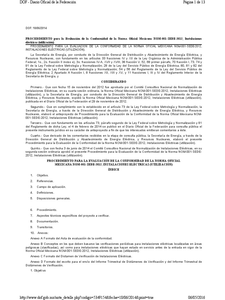 Procedimiento Evaluación NOM-001-SEDE-2012 | PDF | Corriente eléctrica