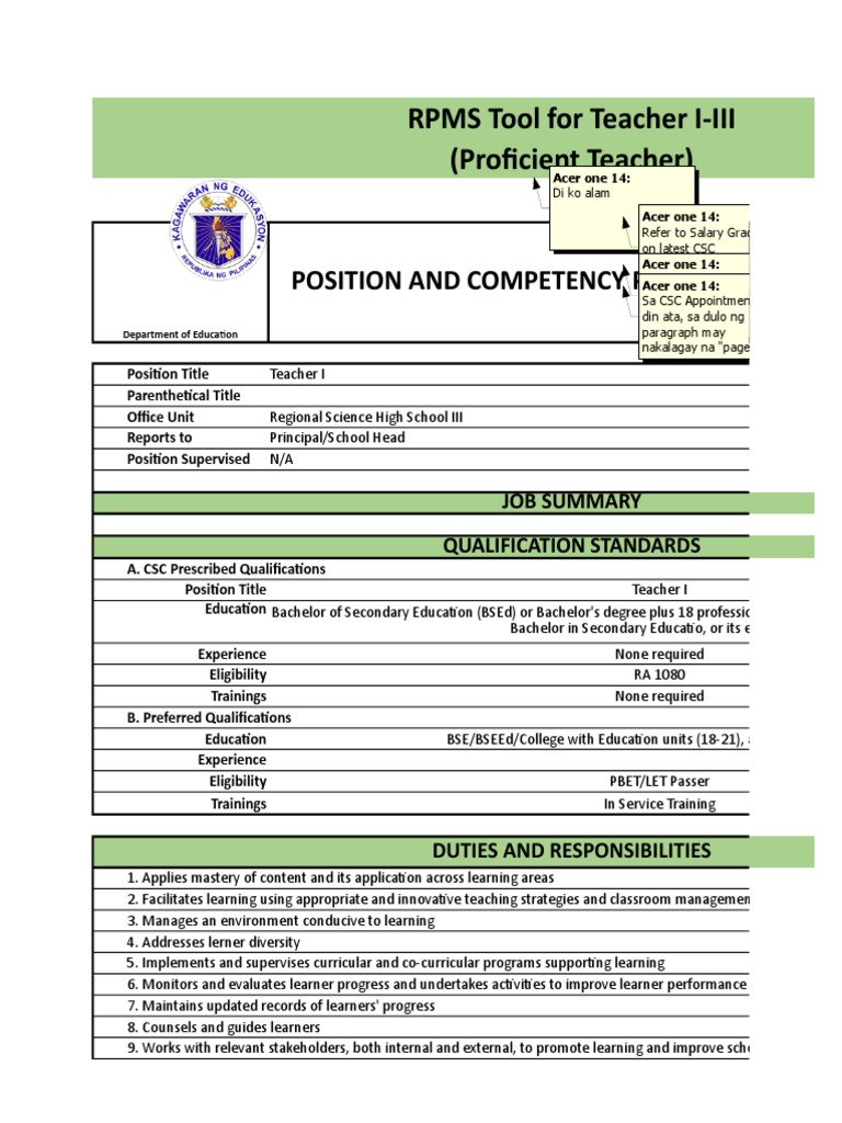 RPMS Tool For Teacher I-III (Proficient Teacher) : Position and ...