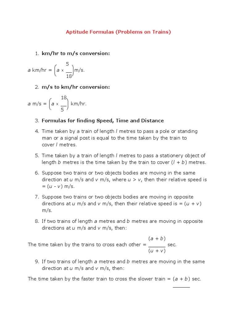 Aptitude formulas problems on trains pdf metre speed