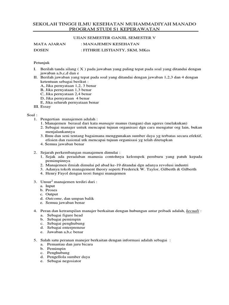 Soal Ujian Semester 5 Manajemen Puskesmas