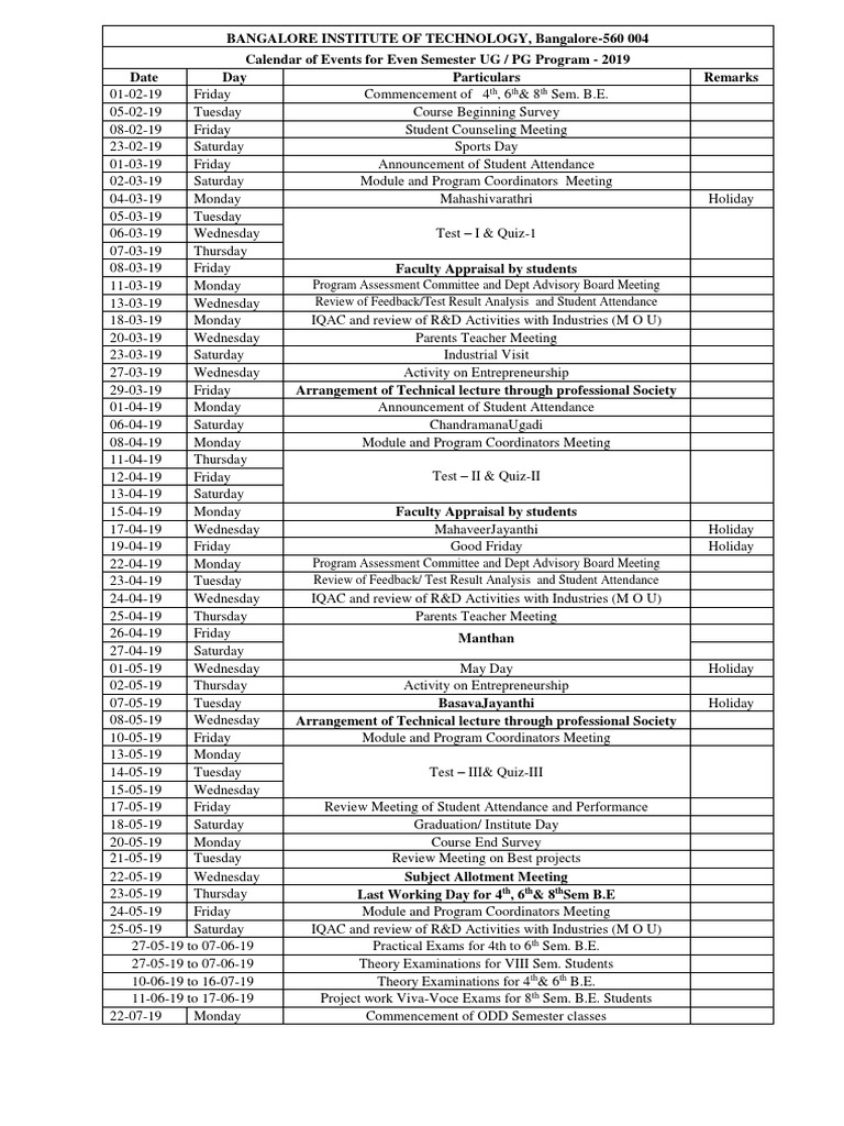 Even Sem 2019 Calendar of Events | PDF | Academic Term | Schools