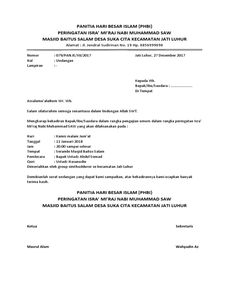 Contoh Surat Undangan Pengajian Isra' Mi'raj | PDF