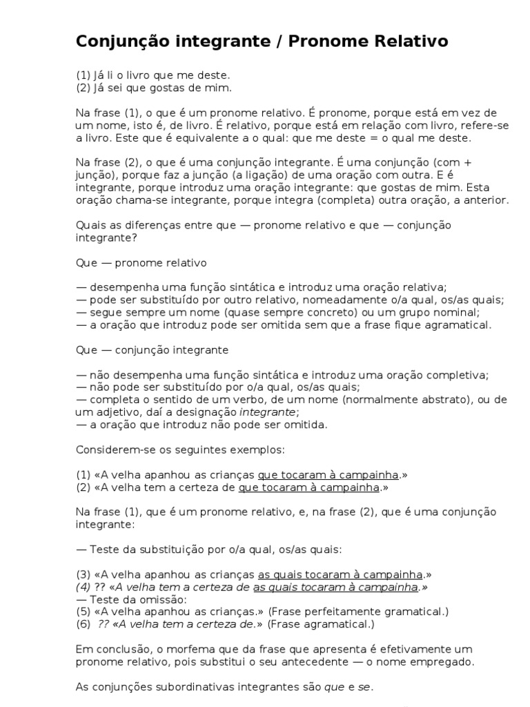 Conjunção Integrante e Pronome Relativo | PDF | Pronome | Unidades ...