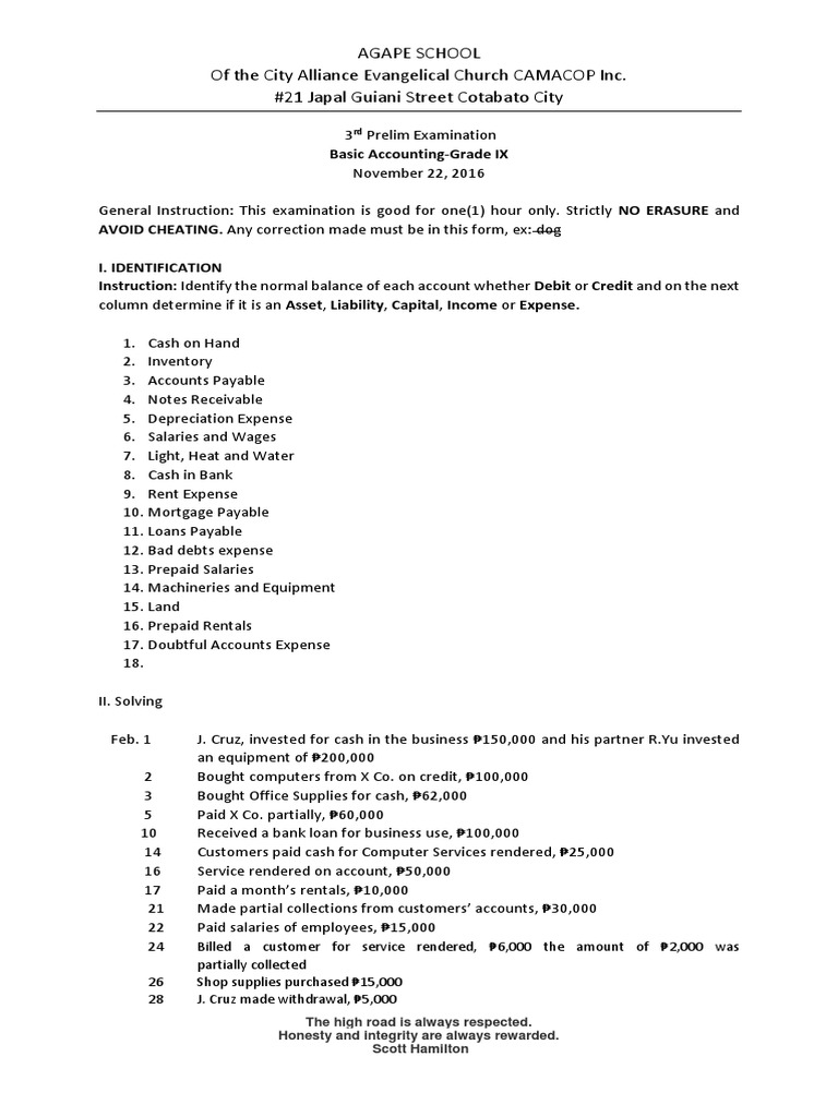 Grade IX Basic Accounting Exam Guide | PDF | Debits And Credits | Expense