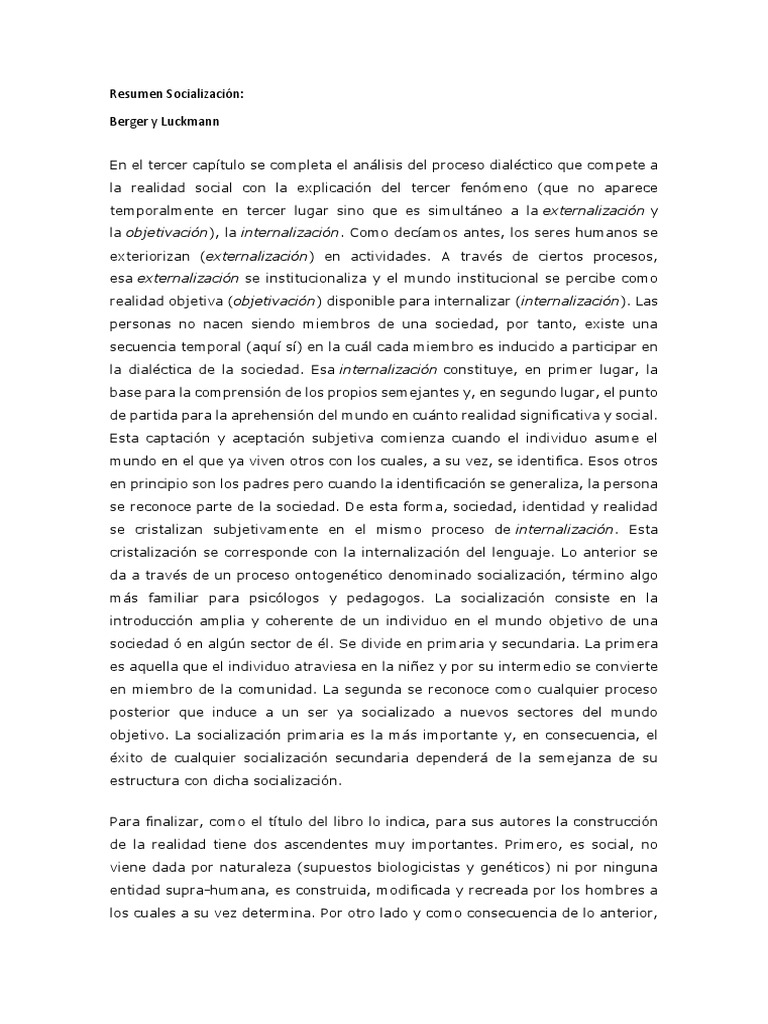 Berger Y Luckmann Pdf Socialización Realidad
