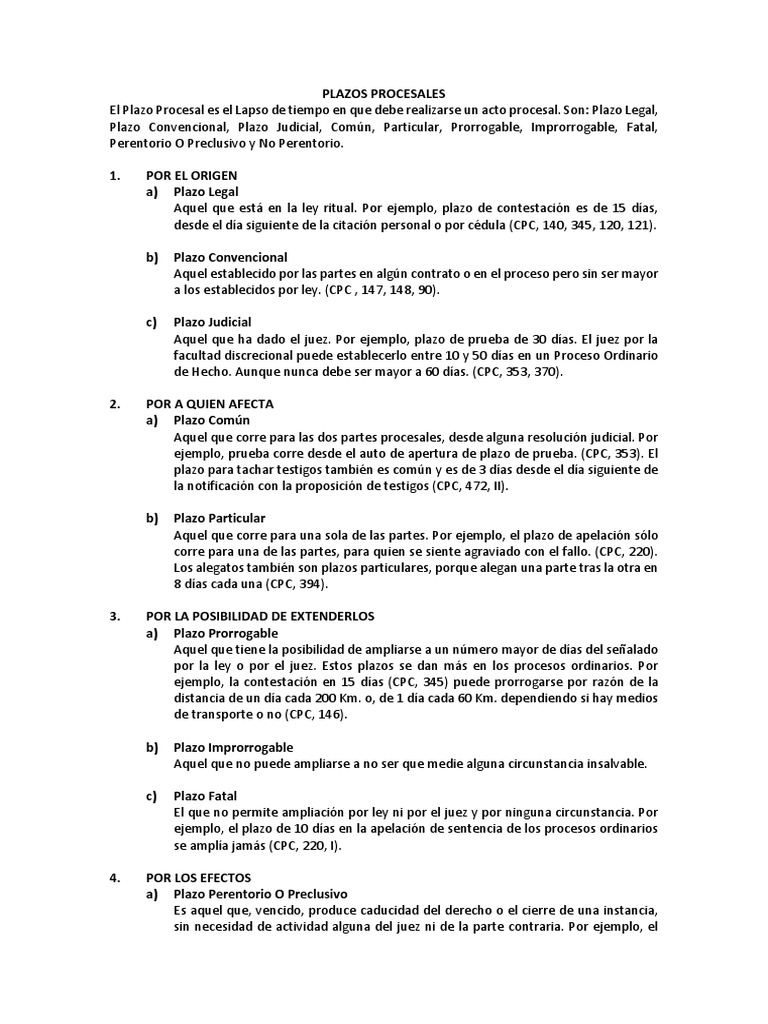 Tipos de Plazos Procesales en Derecho | PDF | Ley procesal | Ley Pública