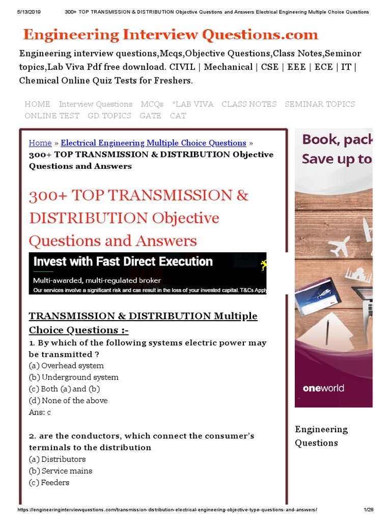 Transmission & Distribution Objective Questions and Answers PDF