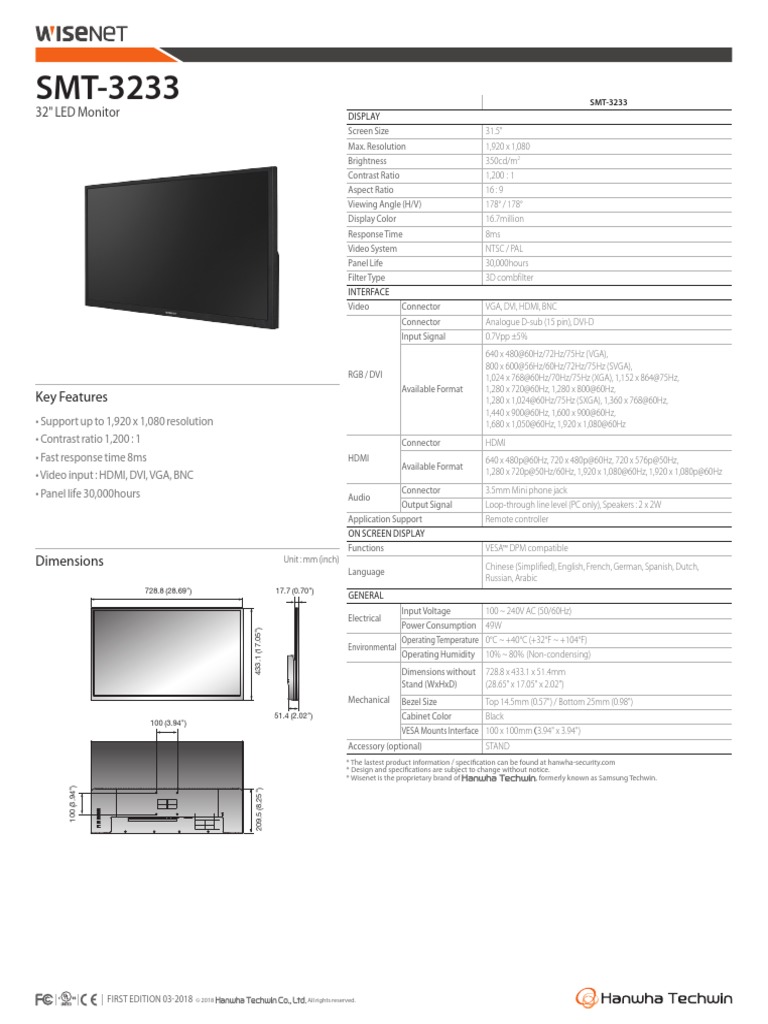 Samsung SMT 3233 Data Sheet PDF Computer Monitor Hdmi