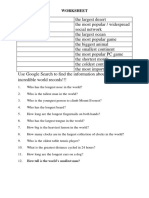 World Records Worksheet: Find Answers Using Google Search