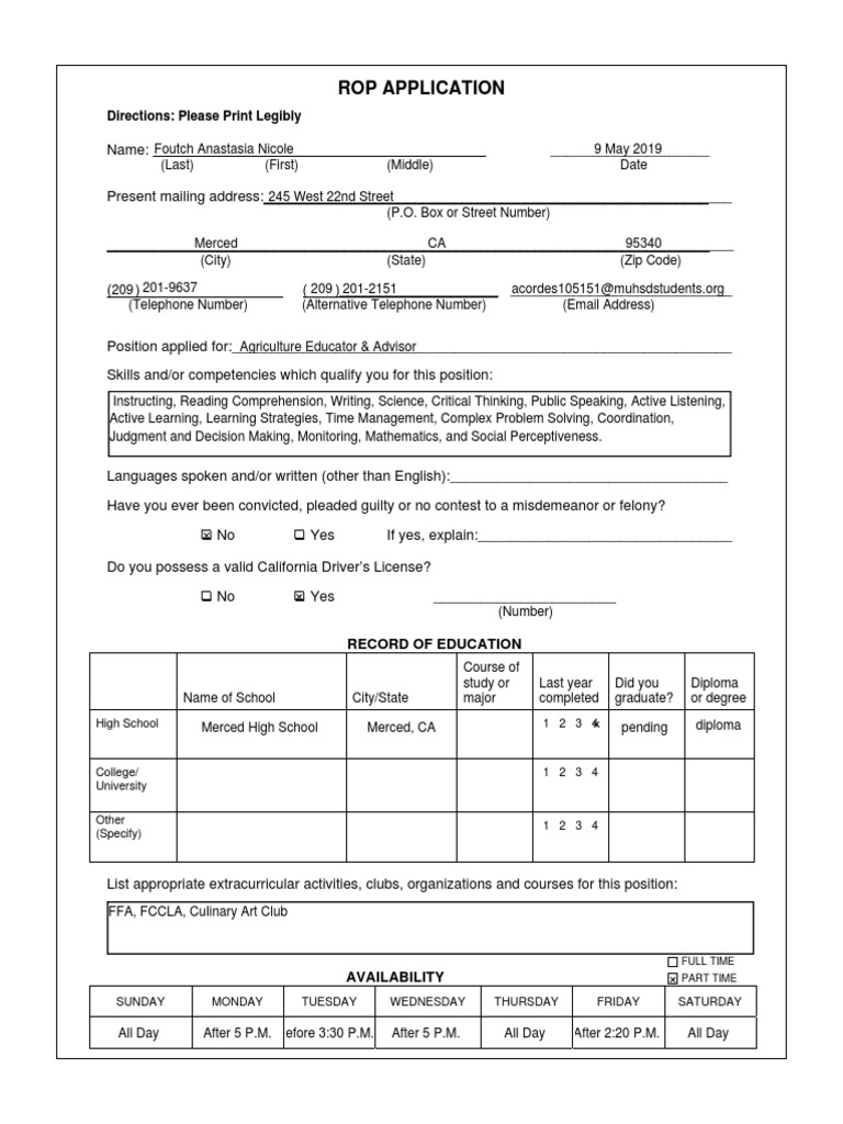 ROP Job Application Form | PDF | Behavior Modification | Communication