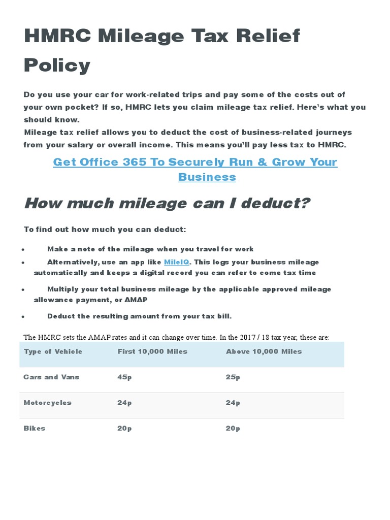 HMRC UK Mileage Tax Relief Policy PDF Fuel Economy In Automobiles