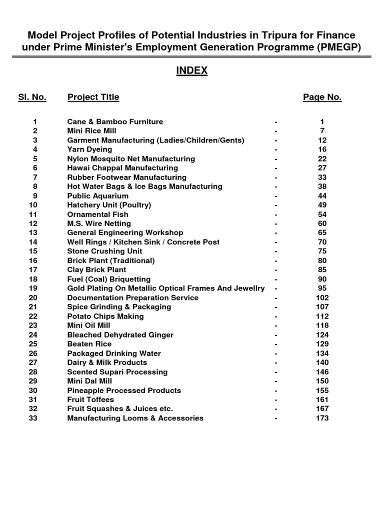 Model project profiles of potential industries in tripura for finance