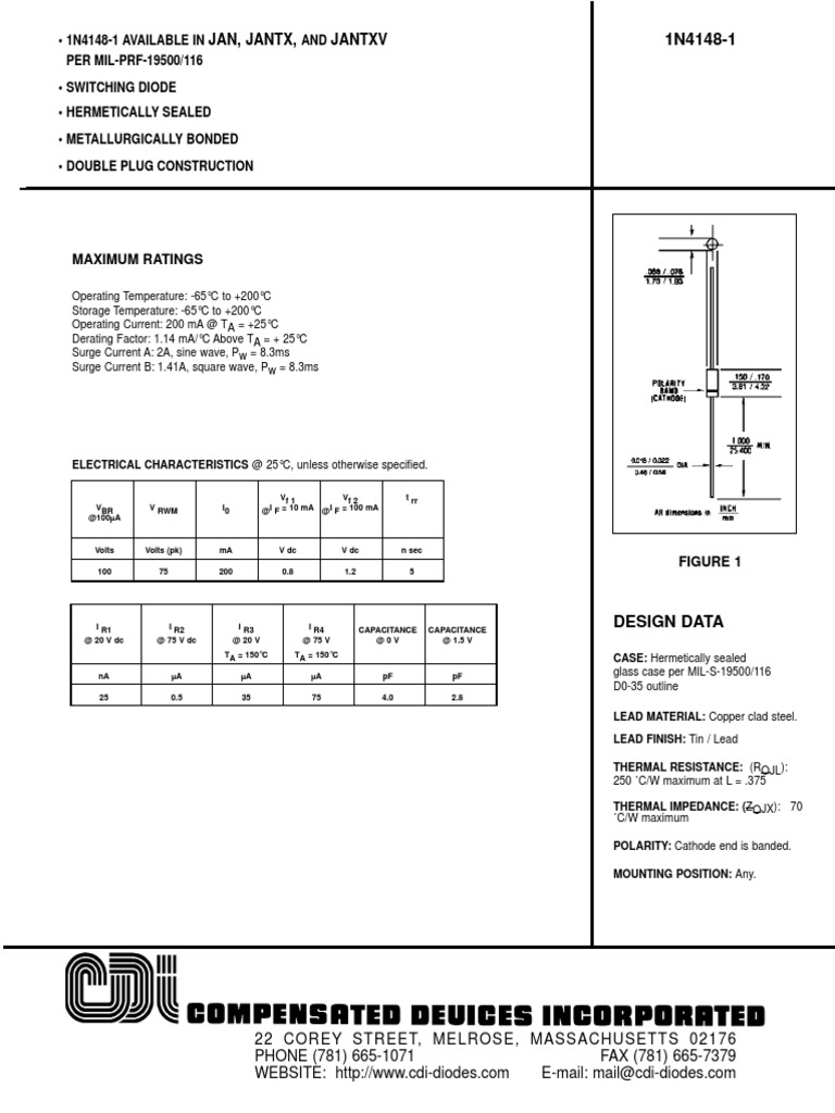 1N4148-1 Jan, Jantx, Jantxv | PDF | Capacitor | Diode