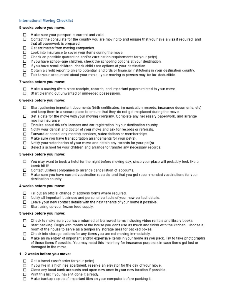 International Moving Checklist PDF Refrigerator Business
