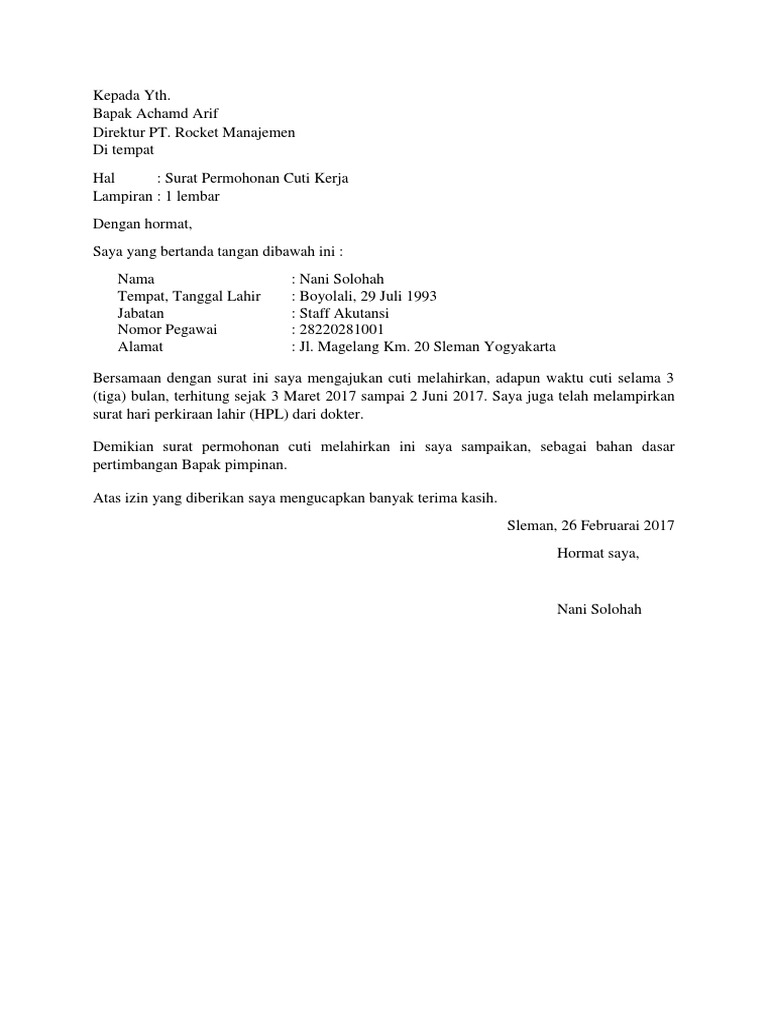 Contoh Surat Cuti Melahirkan Nusagates