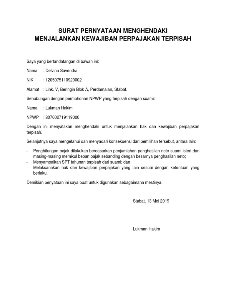 Surat Pernyataan Menghendaki Memenuhi Kewajiban Perpajakan Terpisah