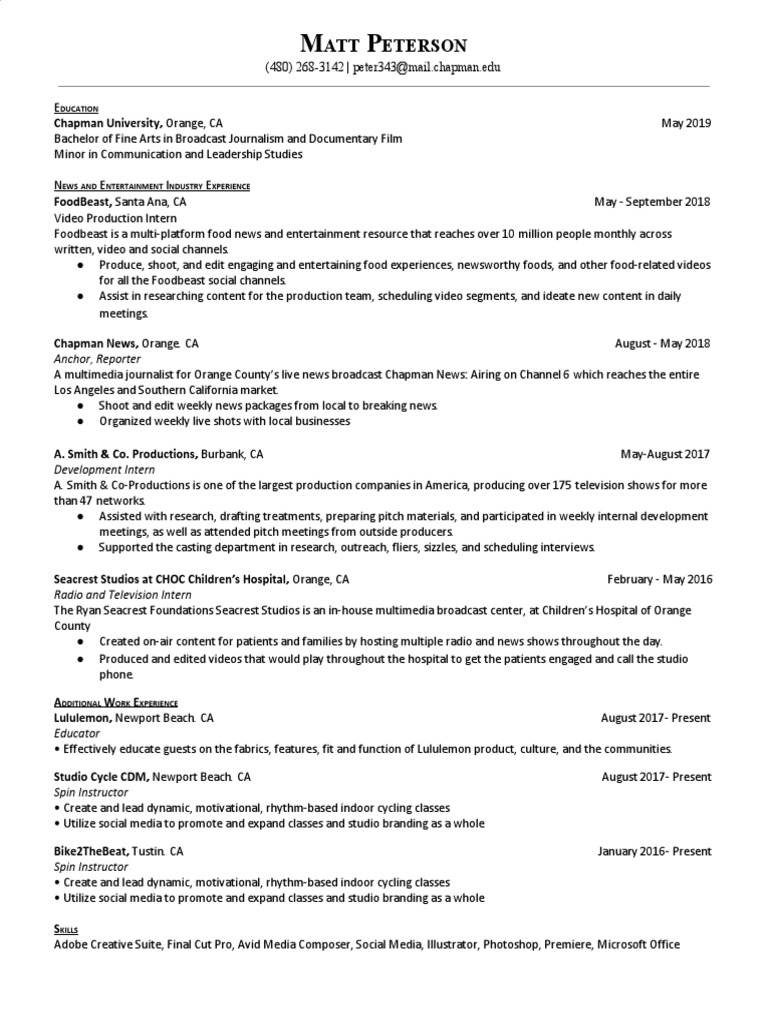 Matt Peterson Resume 2019 PDF PDF News Broadcasting