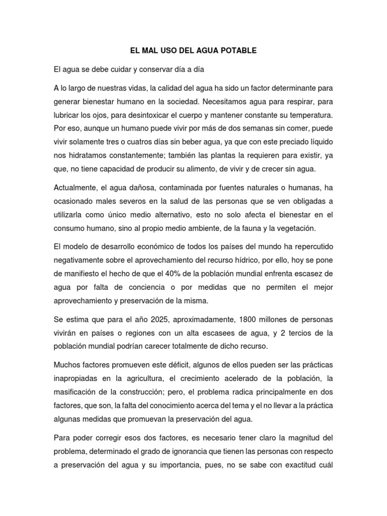 El Mal Uso Del Agua Potable | PDF | Agua | Agricultura