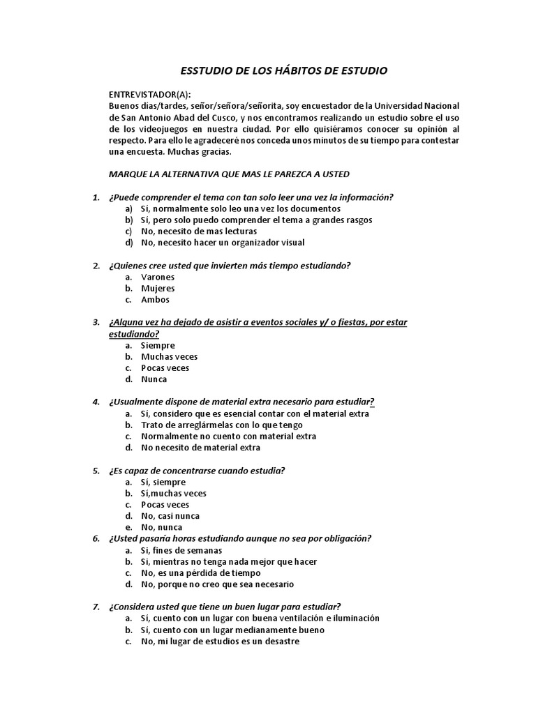 Cuestionario Habitos de Estudio | PDF