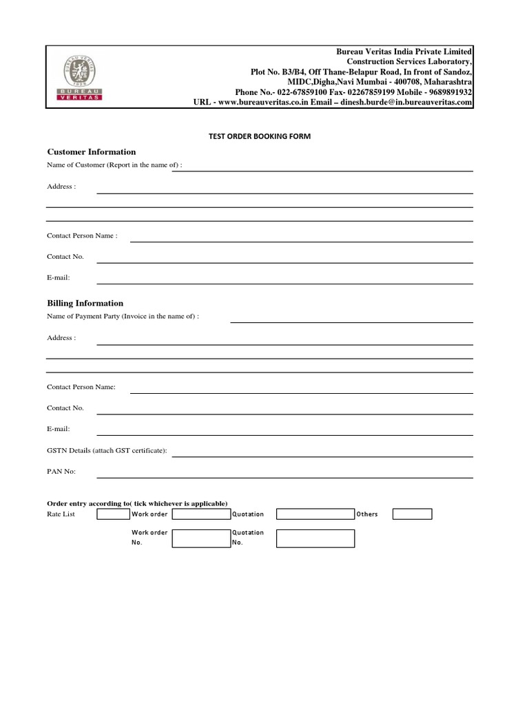 Test Order Booking Form - Bureau Veritas | PDF