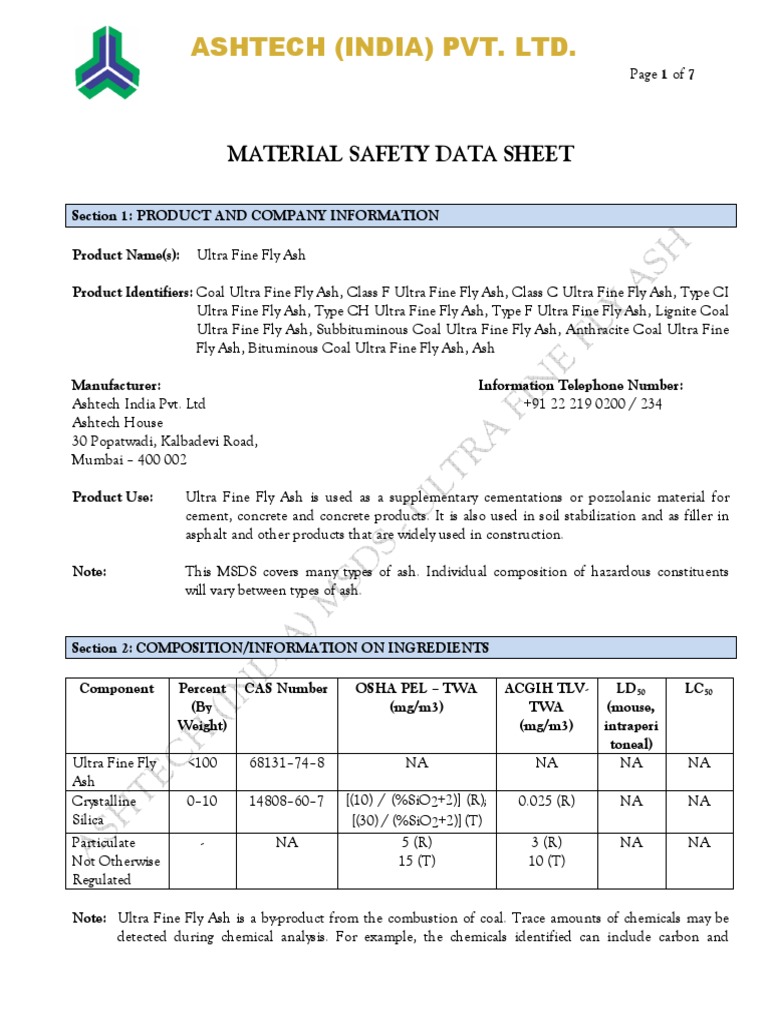 Msds p500 Nagpur PDF Fly Ash Resource Conservation And Recovery Act