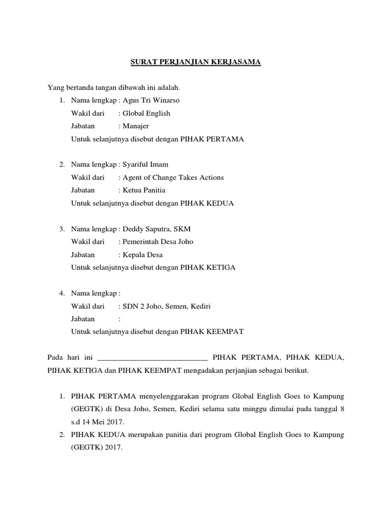 Perjanjian Kerjasama In English - Dengan