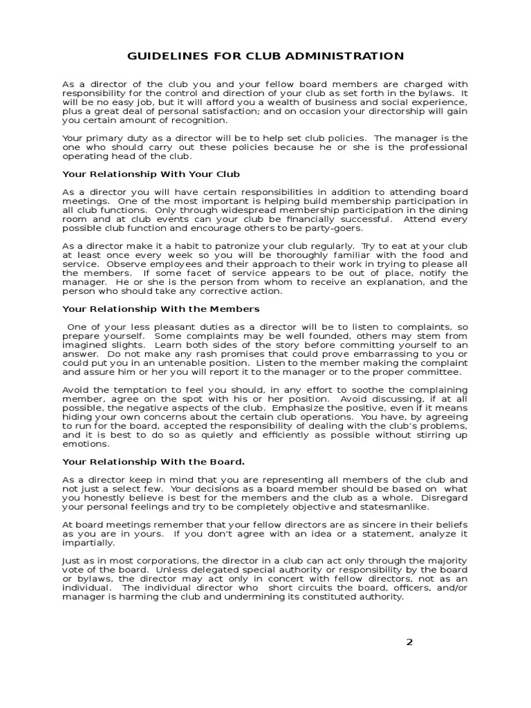 Club Administration Guidelines for Directors | PDF | Board Of Directors ...